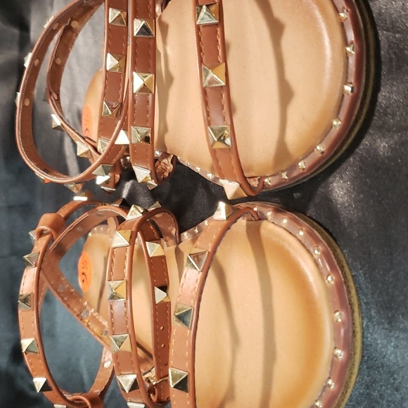 Madden Girl Brown 3-Strap with Ankle Wrap/Gold Studs Sandals - Picture 3 of 6